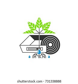 Drip irrigation icon. Drop tape with emitter, drops, plant. Modern linear style. Vector illustration.