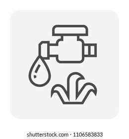 Drip irrigation icon. Part of micro irrigation system to saving water by drip water to root of plant. Consist of dripping emitter, water drip. Provide moisture to vegetable, crop, plant. 64x64 px.