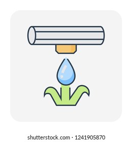 Drip irrigation icon. Part of micro irrigation system. Consist of dripping emitter, water drip, HDPE or PE pipe or high pressure pipeline. For saving watering vegetable, crop, plant in farm or yard.