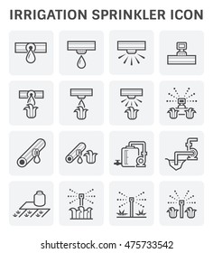 Drip irrigation icon part of micro irrigation system. Include irrigation sprinkler and head, dripping emitter, water spray and drip, hose, tube, pipe and water pump for watering vegetable, crop, plant