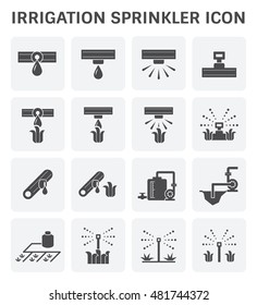 Drip irrigation icon part of micro irrigation system. Include irrigation sprinkler and head, dripping emitter, water spray and drip, hose, tube, pipe and water pump for watering vegetable, crop, plant