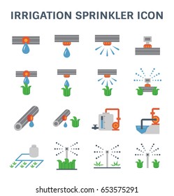 Drip irrigation icon part of micro irrigation system. Include irrigation sprinkler and head, dripping emitter, water spray and drip, hose, tube, pipe and water pump for watering vegetable, crop, plant