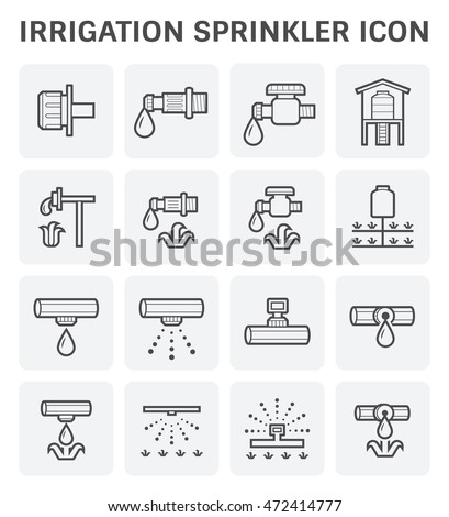 Drip irrigation icon. Part of micro irrigation system. Consist of dripping emitter, water drip, HDPE or PE pipe or high pressure pipeline. For saving watering vegetable, crop, plant in farm or yard.