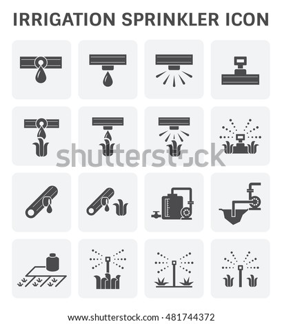 Drip irrigation icon part of micro irrigation system. Include irrigation sprinkler and head, dripping emitter, water spray and drip, hose, tube, pipe and water pump for watering vegetable, crop, plant