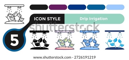 Drip Irrigation icon represents efficient watering systems for resource conscious garden layouts. Line, Filled, Color style.
