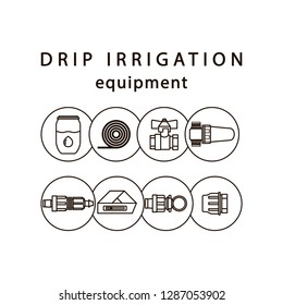 Drip irrigation. Line icons of equipment for irrigation system in the garden area.