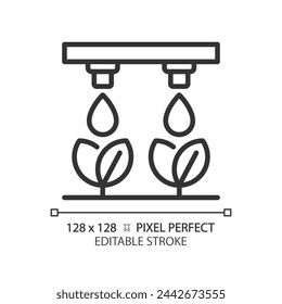 Icono lineal de riego por goteo. Gestión del agua. Agricultura de precisión. Conservación del agua. Ilustración de línea fina. Símbolo de contorno. Dibujo de contorno vectorial. Trazo editable. Píxel perfecto