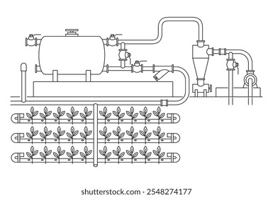Drip irrigation system scheme for visual aid with complete water supply equipment. Scheme in thin line