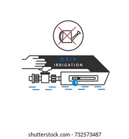 Drip irrigation. Drip tape, starter tap, watering can. Vector illustration of modern technology of irrigation. Linear icons.