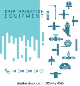 Drip irrigation. Vector background with line icons of equipment for irrigation system in the garden area.	
