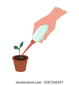 Drip irrigation of young seedlings, isolated vector illustration in flat style
