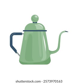 Drip kettle with Long Narrow Spout. Gooseneck kettle with boiled water. Teapot for coffee. Flat vector illustration of cafe steel drip kettle isolated on white background