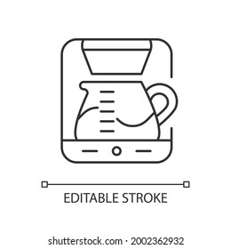 Drip machine linear icon. Professional coffee maker for restaurant. Barista accessories. Thin line customizable illustration. Contour symbol. Vector isolated outline drawing. Editable stroke
