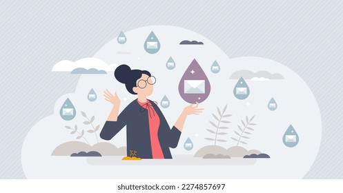 Drip marketing and communication automation strategy tiny person concept. Scheduled email messages or letters for customer engagement with newsletters or special offer advertising vector illustration