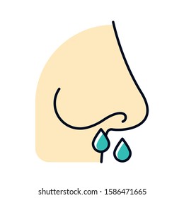 Drip nose color icon. Common cold. Grippe symptome. Flu infection, influenza virus. Runny nose, snot. Nasal illness. Disease and sickness. Healthcare. Allergy. Sneeze. Isolated vector illustration