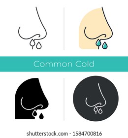 Drip nose icon. Common cold. Grippe symptome. Flu infection. Runny nose, snot. Nasal illness. Disease and sickness. Allergy. Sneeze. Flat design, linear and color styles. Isolated vector illustrations