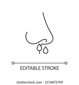 Drip nose linear icon. Common cold. Grippe symptome. Flu infection, influenza. Runny nose, snot. Nasal illness. Thin line illustration. Contour symbol. Vector isolated outline drawing. Editable stroke