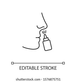 Drip nose linear icon. Nasal disease. Common cold. Medication. Disease treatment. Respiratory sprayer. Thin line illustration. Contour symbol. Vector isolated outline drawing. Editable stroke