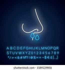 Drip nose neon light icon. Common cold. Grippe symptome. Flu infection, influenza virus. Runny nose, snot. Nasal illness. Glowing sign with alphabet, numbers and symbols. Vector isolated illustration