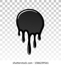 Drip paint 3D. Ink stain. Drop melt liquid isolated on white transparent background. Splash of chocolate, oil, blood. Black graffiti. Splatter syrup, candy sauce, caramel Vector illustration