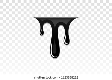 Drip paint 3D. Ink stain. Drop melt liquid isolated on white transparent background. Splash of chocolate, oil, blood. Black graffiti. Splatter syrup, candy sauce, caramel Vector illustration