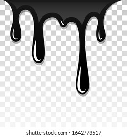 Pintura de gotero 3D. mancha de tinta. Suelte el líquido fundido aislado sobre fondo transparente blanco. Chalecos de chocolate, aceite, sangre. Grafiti negro. Jarabe de plato, salsa de caramelo, ilustración vectorial de caramelo