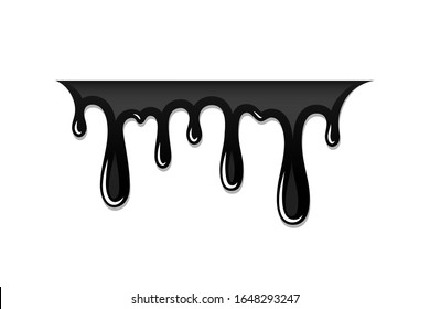 Pintura de gotero 3D. mancha de tinta. Suelte el líquido fundido aislado sobre fondo blanco. Chalecos de chocolate, aceite, sangre. Grafiti negro. Jarabe de plato, salsa de caramelo, ilustración vectorial de caramelo