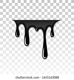 Drip paint 3D. Ink stain. Drop melt liquid isolated on white transparent background. Splash of chocolate, oil, blood. Black graffiti. Splatter syrup, candy sauce, caramel Vector illustration