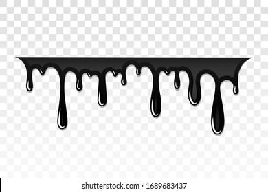 Drip paint 3D. Ink stain. Drop melt liquid isolated on white transparent background. Splash of chocolate, oil, blood. Black graffiti. Splatter syrup, candy sauce, caramel Vector illustration