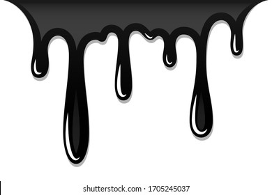 Drip paint 3D. Ink stain. Drop melt liquid isolated on white background. Splash of chocolate, oil, blood. Black graffiti. Splatter syrup, candy sauce, caramel Vector illustration