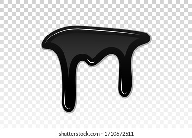 Pintura de gotero 3D. mancha de tinta. Suelte el líquido fundido aislado sobre fondo transparente blanco. Chalecos de chocolate, aceite, sangre. Grafiti negro. Jarabe de plato, salsa de caramelo, ilustración vectorial de caramelo