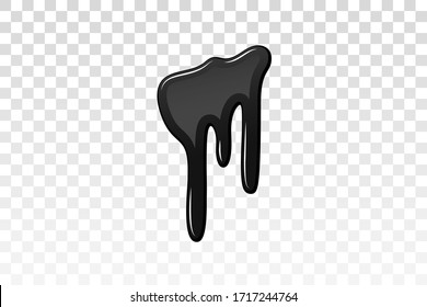 Drip paint 3D. Ink stain. Drop melt liquid isolated on white transparent background. Splash of chocolate, oil, blood. Black graffiti. Splatter syrup, candy sauce, caramel Vector illustration