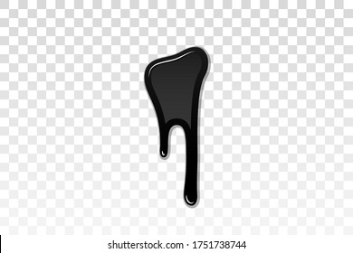 Drip paint 3D. Ink stain. Drop melt liquid isolated on white transparent background. Splash of chocolate, oil, blood. Black graffiti. Splatter syrup, candy sauce, caramel Vector illustration