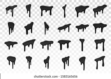 Drip paint 3D set. Ink stain. Drop melt liquid isolated on white transparent background. Splash of chocolate, oil, blood. Black graffiti. Splatter syrup, candy sauce, caramel Vector illustration