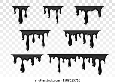 Drip paint 3D set. Ink stain. Drop melt liquid isolated on white transparent background. Splash of chocolate, oil, blood. Black graffiti. Splatter syrup, candy sauce, caramel Vector illustration