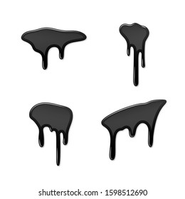 Drip paint 3D set. Ink stain. Drop melt liquid isolated on white background. Splash of chocolate, oil, blood. Black graffiti. Splatter syrup, candy sauce, caramel Vector illustration