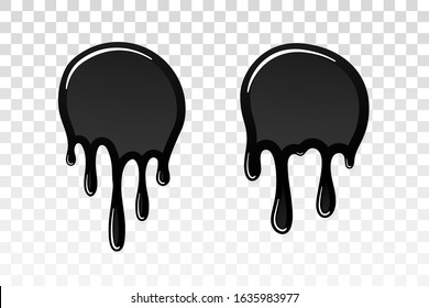 Drip paint 3D set. Ink stain. Drop melt liquid isolated on white transparent background. Splash of chocolate, oil, blood. Black graffiti. Splatter syrup, candy sauce, caramel Vector illustration