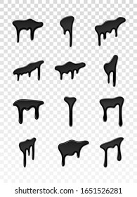 Drip paint 3D set. Ink stain. Drop melt liquid isolated on white transparent background. Splash of chocolate, oil, blood. Black graffiti. Splatter syrup, candy sauce, caramel Vector illustration