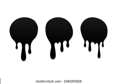 Conjunto de pintura por goteo. Tinción de tinta. Gota derretir líquido aislado sobre fondo blanco. Chorro de chocolate, aceite, sangre. Jarabe de salpicadura negra, salsa de caramelo, caramelo. Color fácil de editar Ilustración vectorial