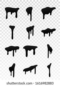 Drip paint set. Ink stain. Drop melt liquid isolated on white transparent background. Splash chocolate, oil, blood. Black splatter syrup, candy sauce, caramel. Color easy to edit Vector illustration