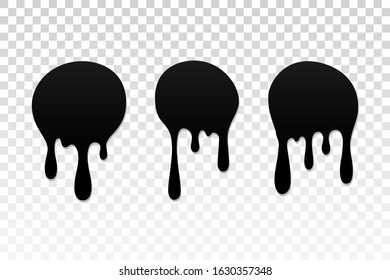 Drip paint set. Ink stain. Drop melt liquid isolated on white transparent background. Splash chocolate, oil, blood. Black splatter syrup, candy sauce, caramel. Color easy to edit Vector illustration