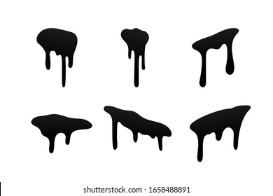 Druckfarbensatz. Tintenfleck. Tropfschmelze Flüssigkeit einzeln auf weißem Hintergrund. Schokolade, Öl, Blut. Schwarzer Schmutzsirup, Bonbons, Karamelll. Vektorillustration-Illustration lässt sich leicht bearbeiten