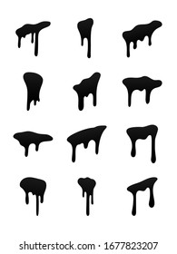 Drip paint set. Ink stain. Drop melt liquid isolated on white background. Splash of chocolate, oil, blood. Black splatter syrup, candy sauce, caramel. Color easy to edit Vector illustration