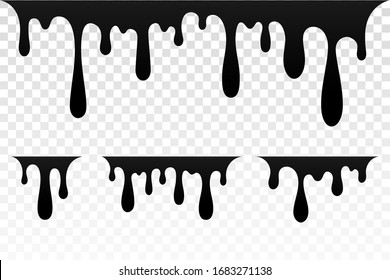Drip paint set. Ink stain. Drop melt liquid isolated on white transparent background. Splash chocolate, oil, blood. Black splatter syrup, candy sauce, caramel. Color easy to edit Vector illustration