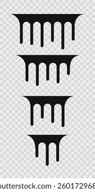 Drip of paint. Spill fluid isolated on white background. Black drops and border. Molten liquid. Stencil melt graffiti. Vector illustration. Droplet print.