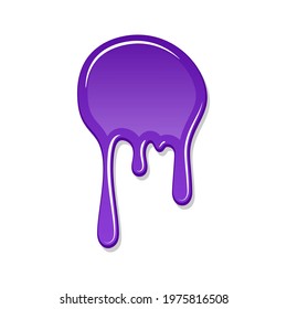 Drip paint spot 3D isolated on white background. Purple ink splash. Splatter stain texture. Dribble down design. Flow art material. Liquid drop. Fluid splash stain liquid. Vector illustration