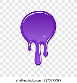Drip-Anstrich-Fleck 3D einzeln auf weißem, transparentem Hintergrund. Violetfarbene Spritze. Platterfleckenstruktur. Das Design wird heruntergefahren. Flusskunststoff. Flüssigkeitsabfall. Flüssige Spritzfleckflüssigkeit. Vektorgrafik