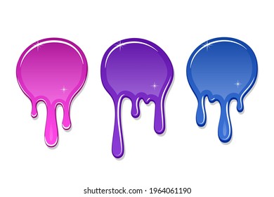 Drip paint spot 3D set isolated white background. Pink, blue ink splash. Splatter stain texture. Dribble down design. Flow art material. Liquid drop. Fluid splash stain liquid. Vector illustration