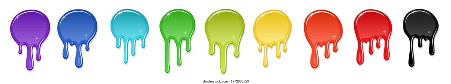 Drip paint spot 3D set isolated white background. Rainbow blob ink splash. Splatter stain texture. Dribble down design. Flow art material. Liquid drop. Fluid color stain liquid. Vector illustration