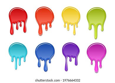 Drip paint spot 3D set isolated white background. Rainbow blob ink splash. Splatter stain texture. Dribble down design. Flow art material. Liquid drop. Fluid color stain liquid. Vector illustration
